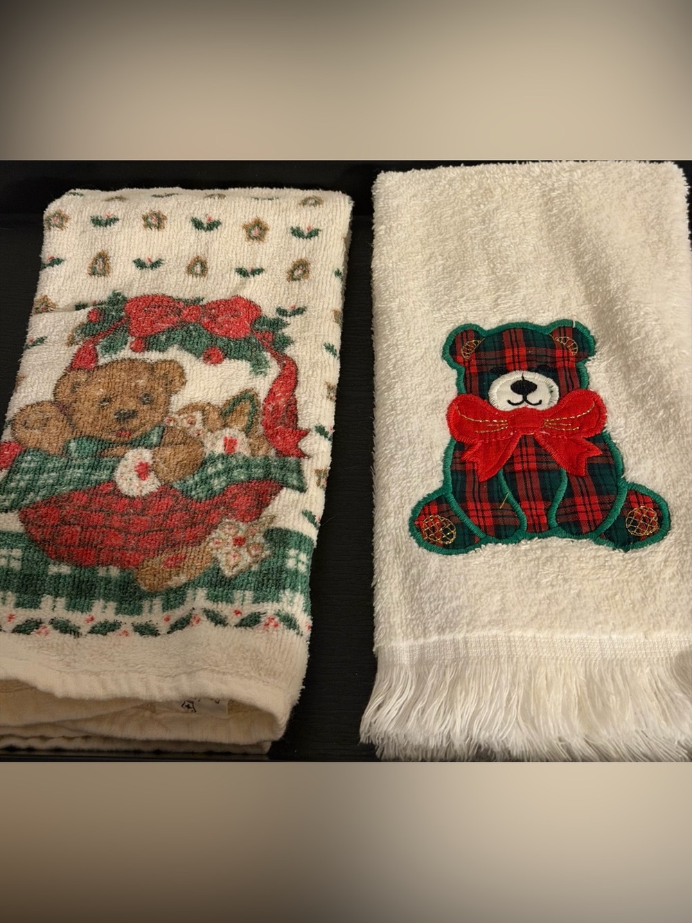 Vintage Christmas Teddy Bear Hand Towel Set Of 2 Royal Terry And Crestcraf